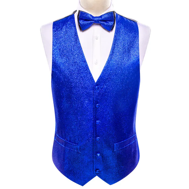 Mens Vest Gold Silver Red Black Pink Blue Green Yellow Solid Solid Shine Silk V-Neck Waistcoat Bowtie Set Barry Wang