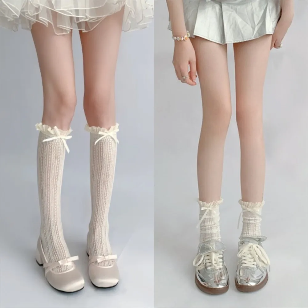Sweet Girls Long Socks Stockings  Lolita Bowknot Ruffles Knee Socks Women Hollow Out Mesh Fishnet Stockings