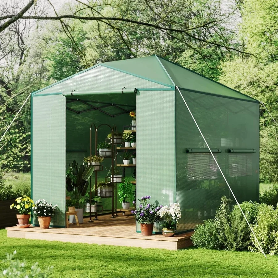 8x12FT Instant Pop-Up Walk-in Greenhouse for outdoor gardening, galvanized steel frame, green PE cover, quick-setup portable pl