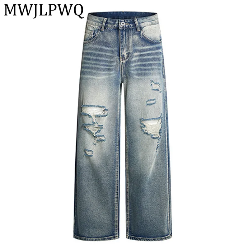 

Мужские джинсы MWJLPWQ в американском ретро-стиле, рваные, с эффектом потертости, модные, с градиентным эффектом, повседневные, прямые, свободные, широкие брюки 14259