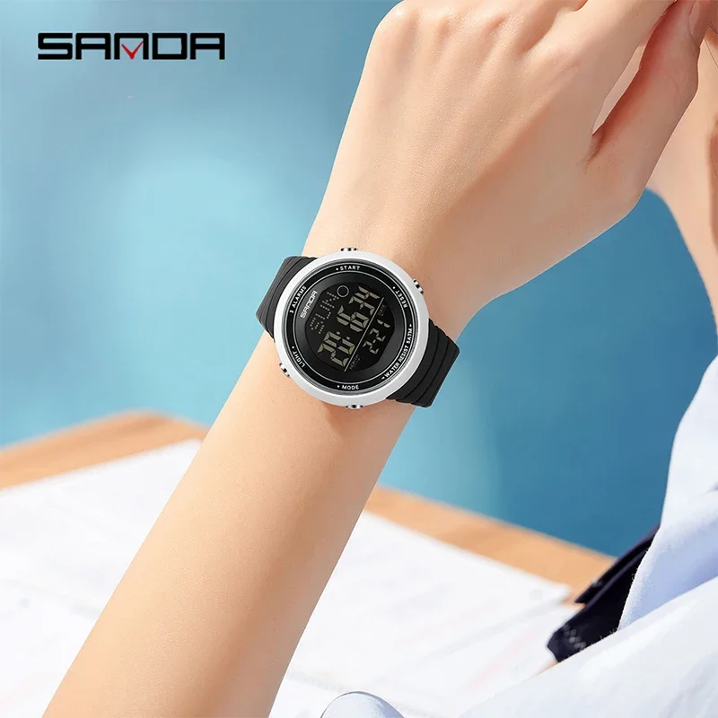 SANDA 트렌디 학생 스포츠 디지털 시계 실리콘 스트랩 카운트다운 발광 50M 방수 시계 남녀 공용 전자 시계