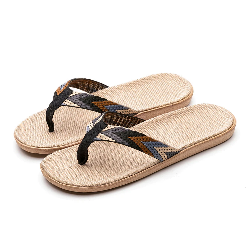 Men's Linen Flip Flops Striped Ribbon Sandals Flat EVA Non-Slip Linen Slides Home Slippers Man Casual Straw Beach Shoes