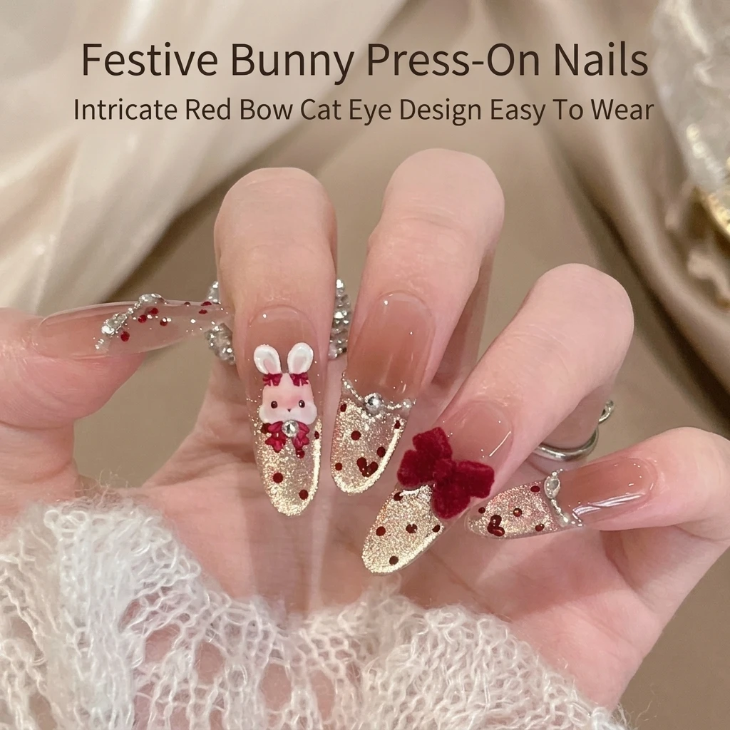 Elegant Press On Nails Cat-Eye Red Nail Tips for Wedding Party Resin Middle Oval False Nails 10pcs Daily Fashion Jewelry