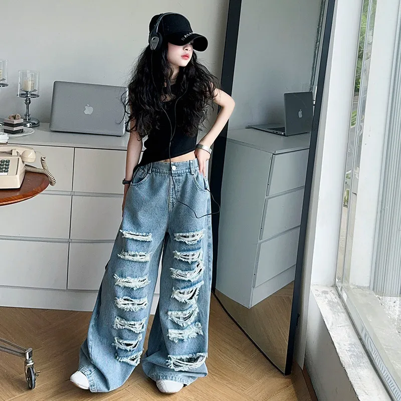 Girls Denim Ripped Pants Spring Summer Kids Straight Wide-leg Pants Fashionable Big Broken Hole Children's Jeans 5-15 Years Old