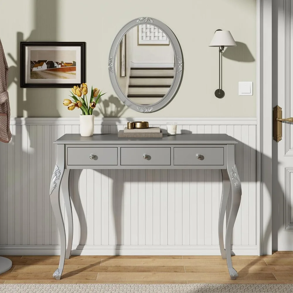 

elegant oval mirror vanity desk with 3-drawer storage and jewelry dressing table console