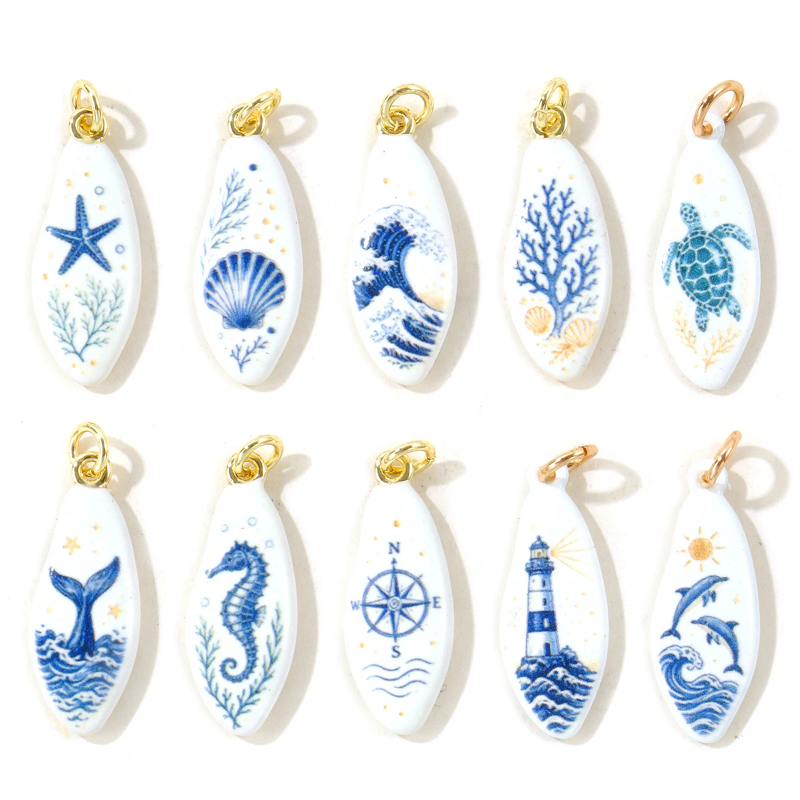 1pc New Ocean Jewelry Turtles Seahorses Drop Charms 18K Gold Plated Blue Double-sided Enamel Printed Brass Pendant DIY Jewelry