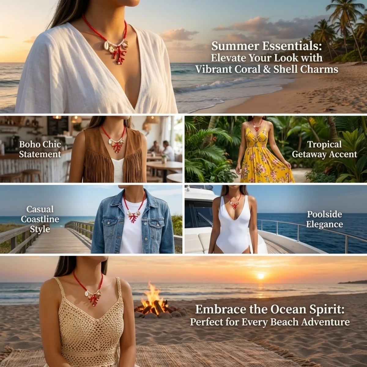 Sommerliche Reisperlen-Halskette mit Korallen- und Muschelanhänger für Damen und Herren – Boho-Muschel-Choker für Urlaub, Party und modische Schmuckgeschenke – Detail 3