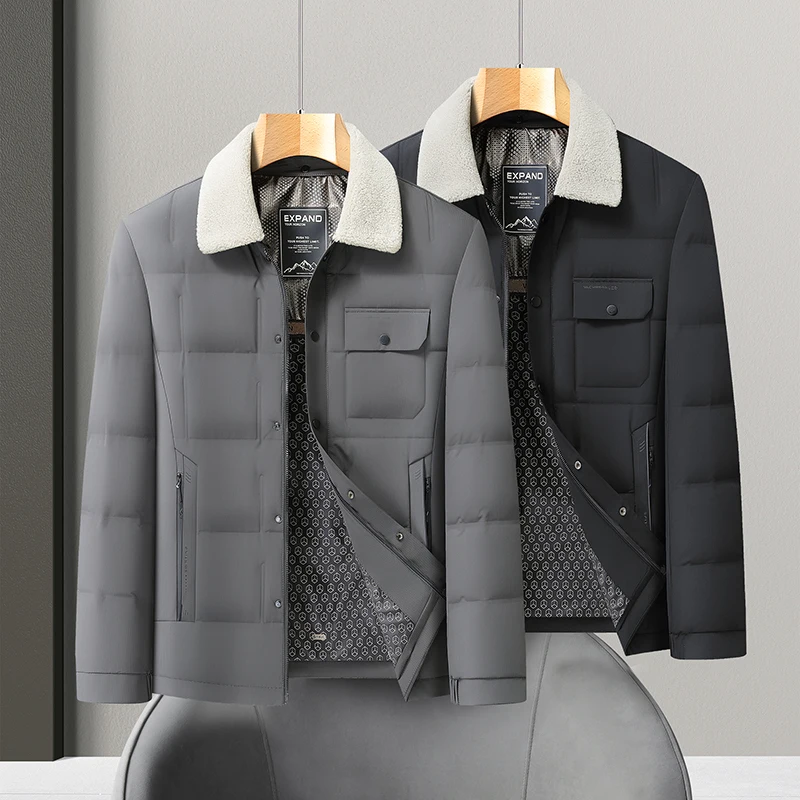 

Stylish Men Thermal Puffer Coat Winter White Duck Down Jackets With Fleece Turn Down Collar Design Outerwear Black Gray Clothes