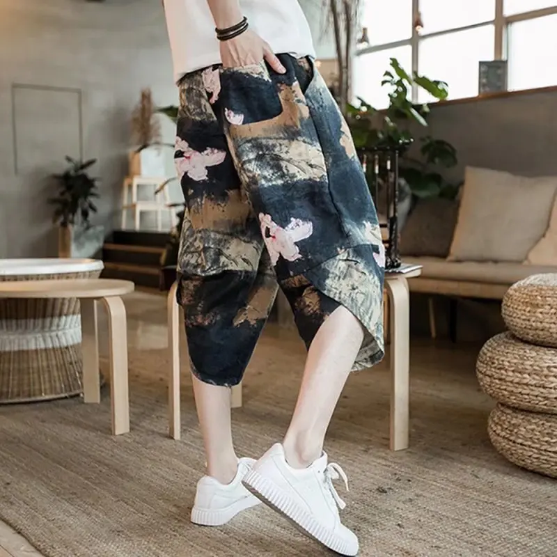 2024 Summer New Harlan Trousers Patchwork Elastic Mid Waist Pockets Printing Asymmetrical Classic Trendy Loose Casual Pants