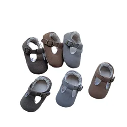 Winter Thickened Warm Baby Walking Shoes Soft Soled Leather Plush First Walkers for Baby Boys Girls T-shaped Flats