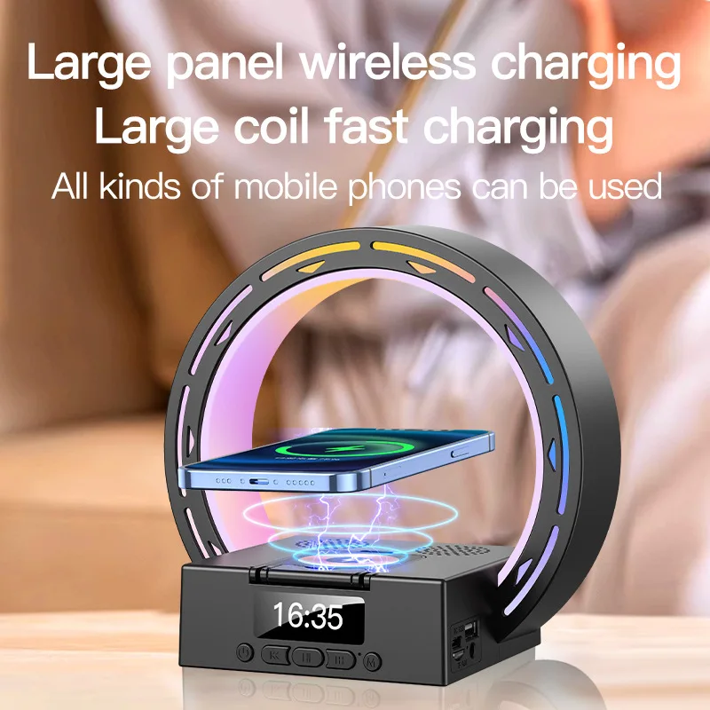 Alarm Clock Bluetooth Speaker Night Light TF AUX USB Disk FM Radio Wireless Charger for iPhone 16 15 14 13 12 11 Pro Max Samsung