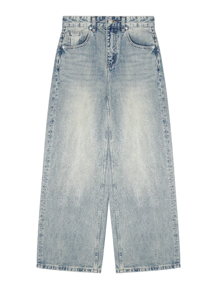 

Slimming Washed Straight Leg Rhinestone 3D Effect Jeans Casual Style Natural Waist Cotton Fabric Women's Jeans for Autumn Winter