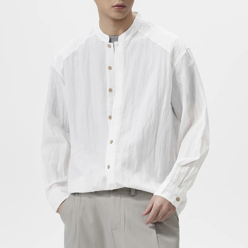 

Stand Collar Lightweight Casual Shirts Men Old Money Vintage Fashion Long Sleeve Loose Commute Shirt Male Spring Summer Clothes