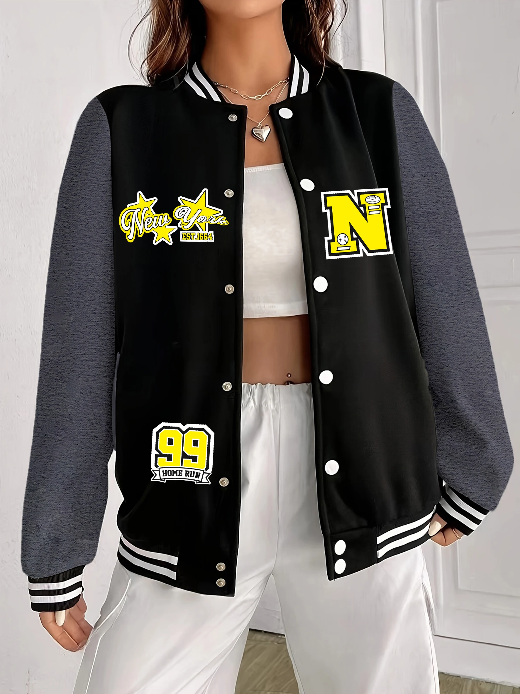 New York City Est1664 Uniforme da baseball stampata Giacca da strada casual da donna Y2K Abiti oversize Autunno in pile Streetwear