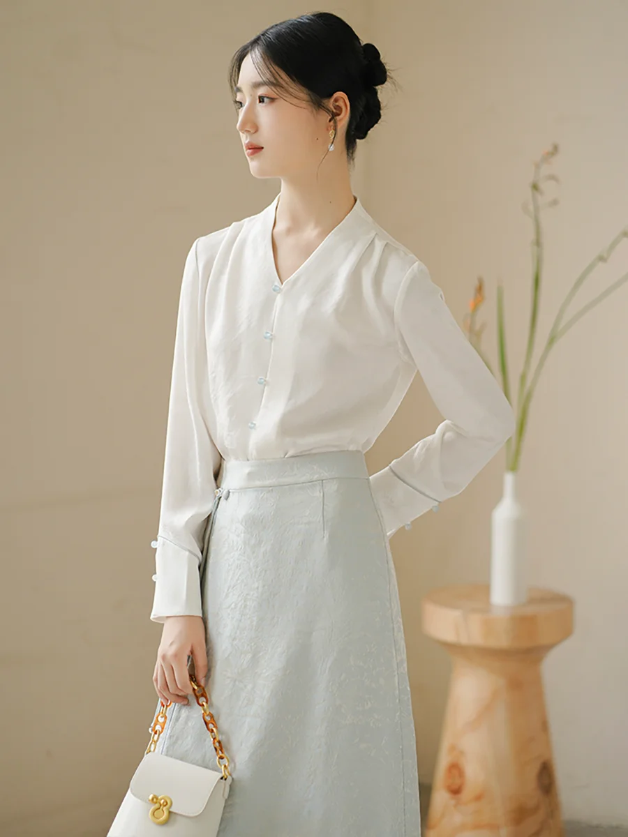 

Новый китайский комплект из топа с длинным рукавом и юбки из ацетатного атласа для женщин, осенний, для повседневной носки