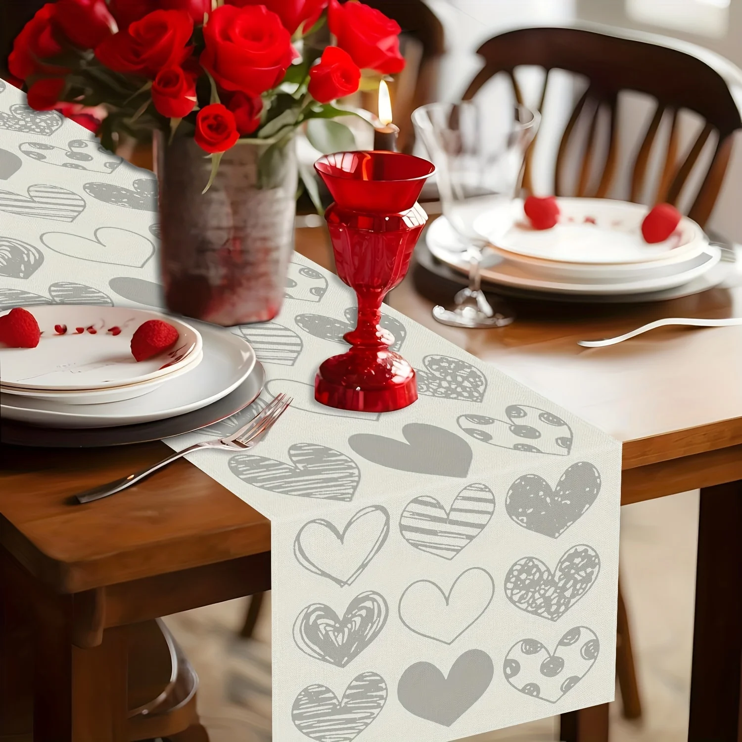 2D Flat Grey Love Heart Pattern Table Runner Rectangular Home Decor for Wedding Anniversary Mother's Day Kitchen Dining Tabletop
