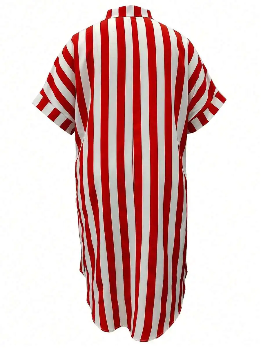 

Plus Size Red And White Striped Short Sleeve High Low Casual Summer Dress