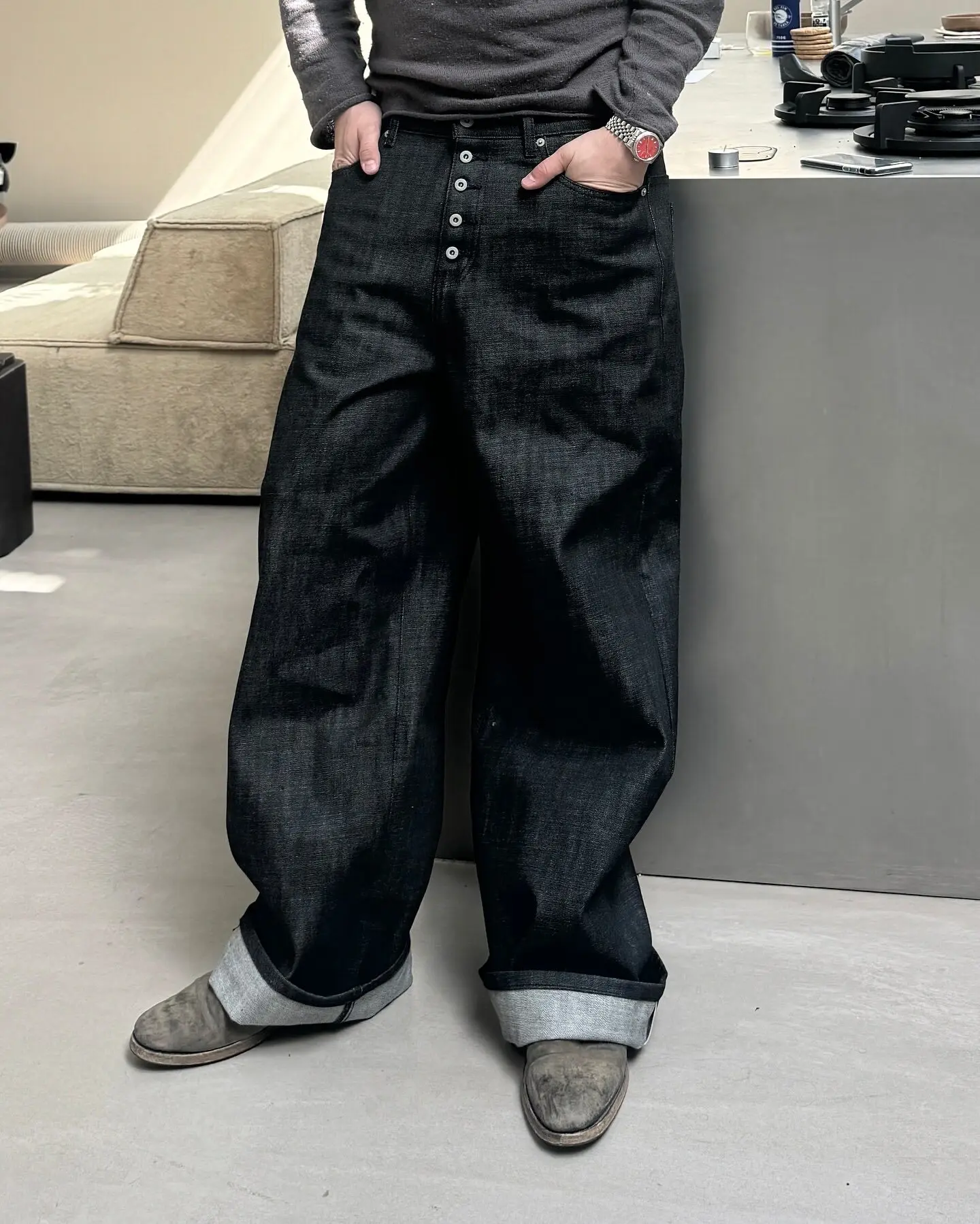 No faith red edge red ear original bull scimitar jeans raw denim breasted baggy