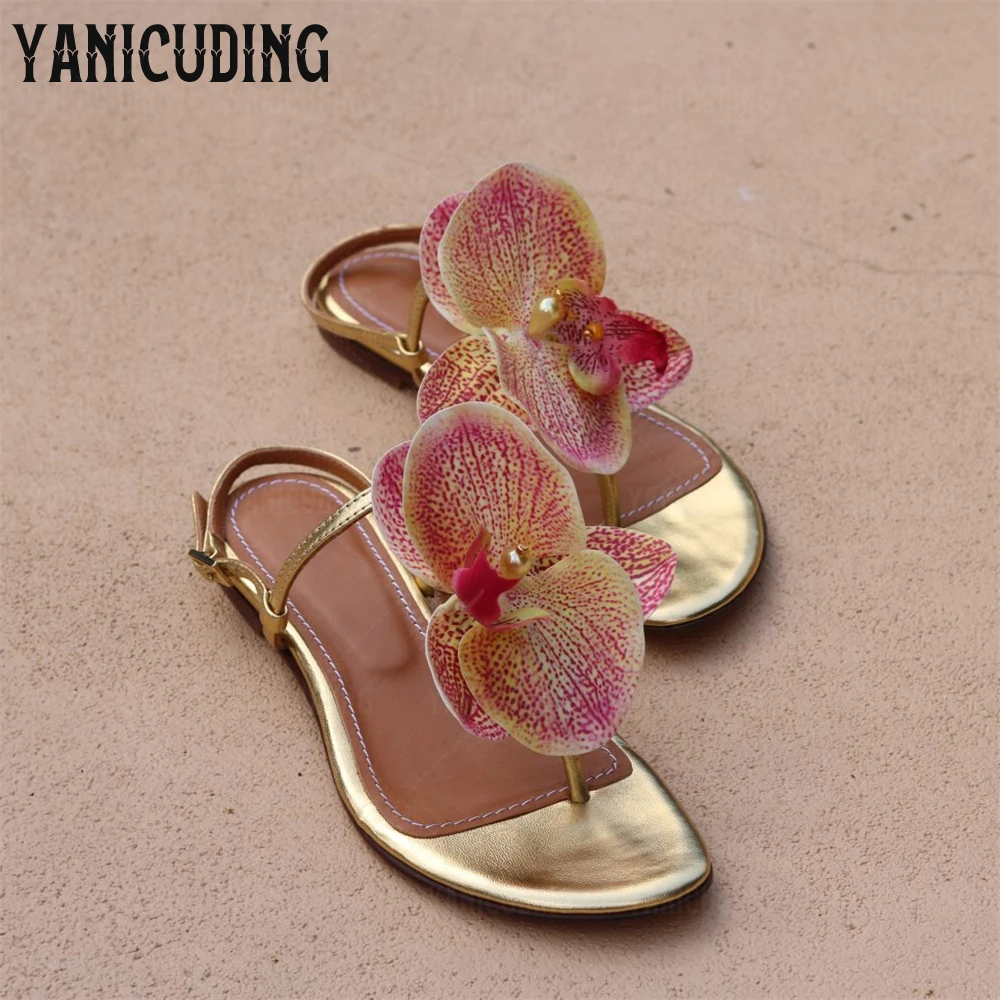 

Colorful Floral Flat Sandals Beach Vacation Flip Flops Gold Patent Leather Ankle Buckle Flat Summer Shoes Customizable Colors