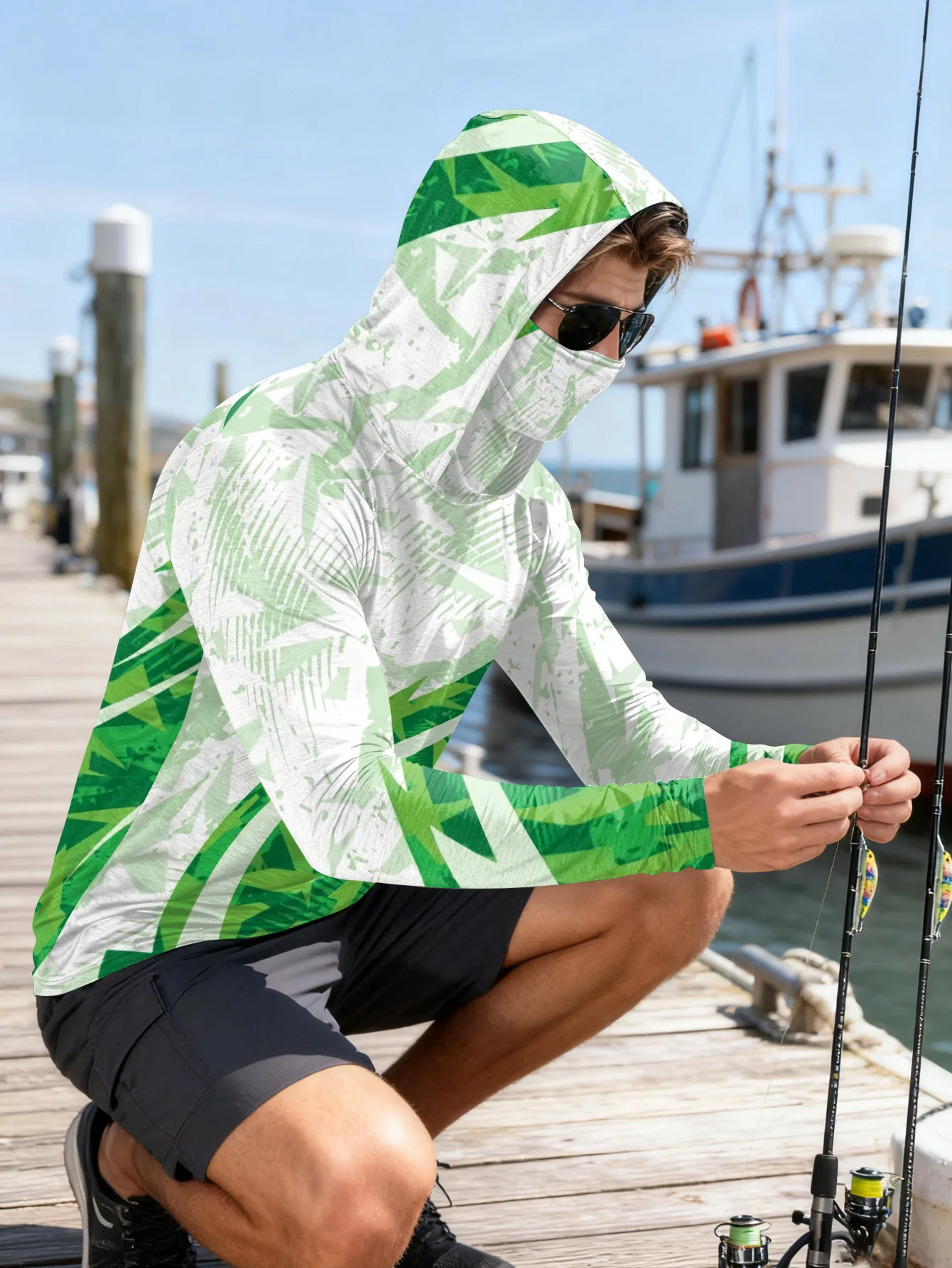 Men's Fishing Hooded Long-Sleeved Camouflage Sunscreen Breathable Anti-UV Lightweight Sweat-Resistant Fishing Shirt view 4