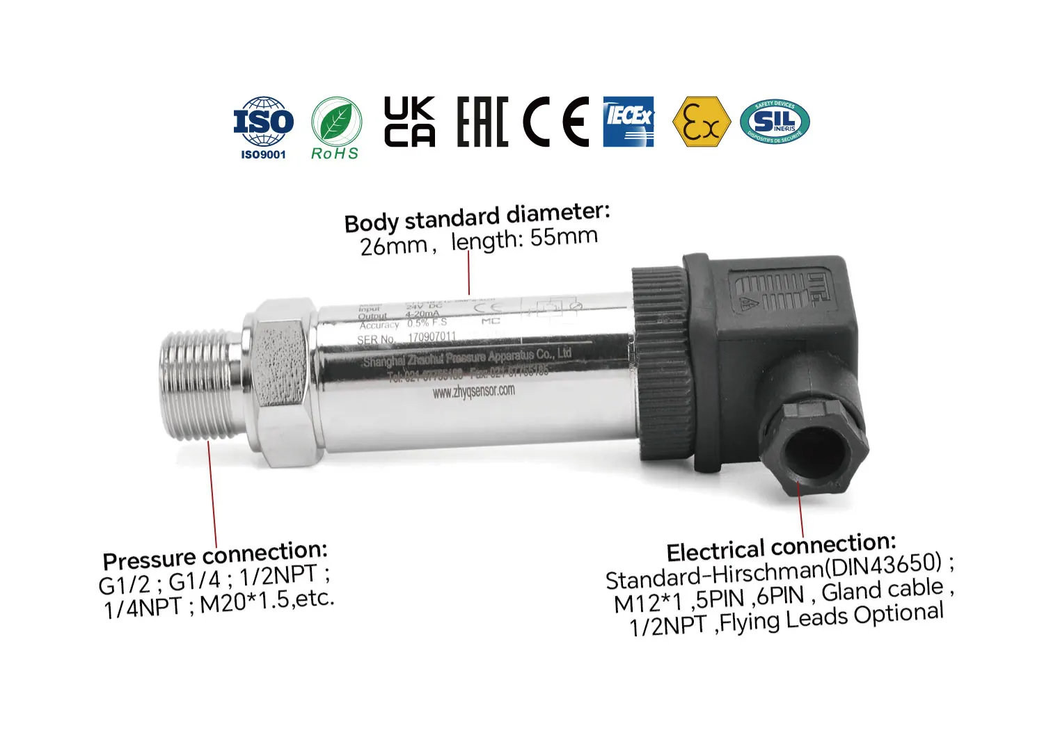 ZHYQ Customizable High Precision Industrial 4-20mA Diffused Silicon Pressure Transmitter -0.1~40MPa 0.1%FS Accuracy IP65