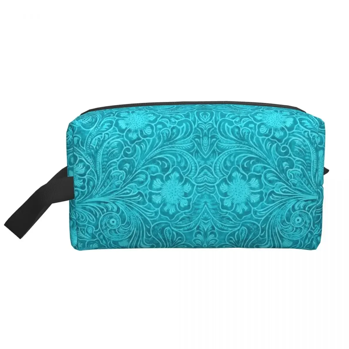 Turquoise Leather Texture Look Makeup Bag Travel Cosmetic Organizer Fashion Embossed Floral Pattern Storage Toiletry Bags