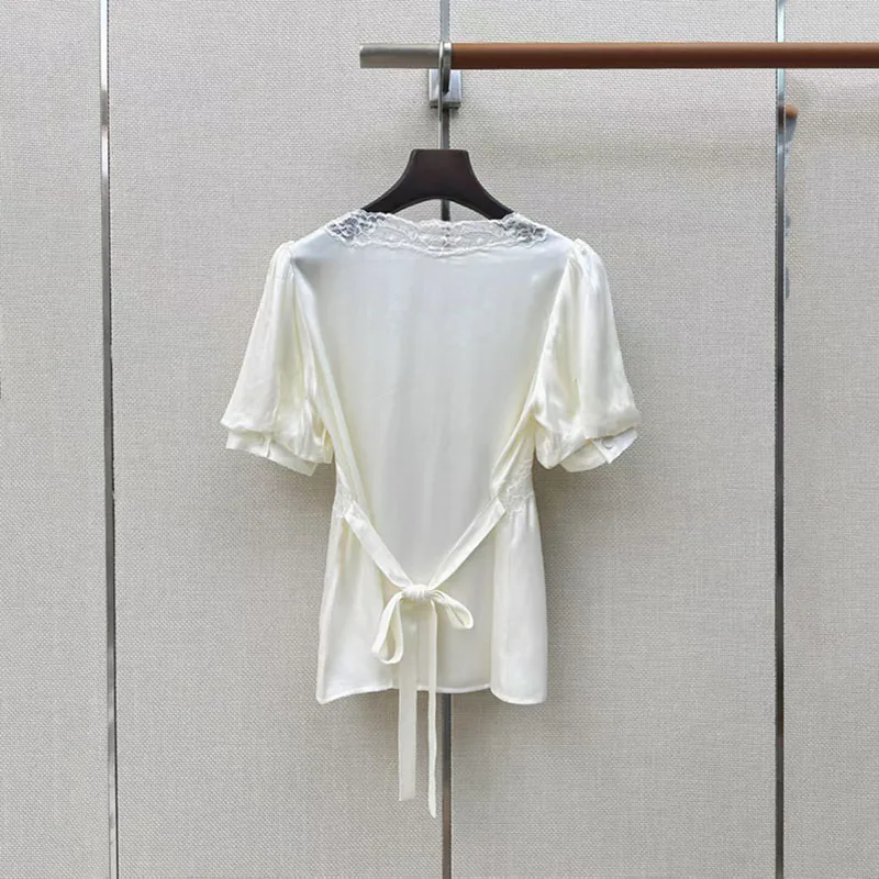 Women's lace-trimmed tie-front top, fitted short-sleeve T-shirt, casual and versatile pullover, 2026, summer, new style, Y2K,