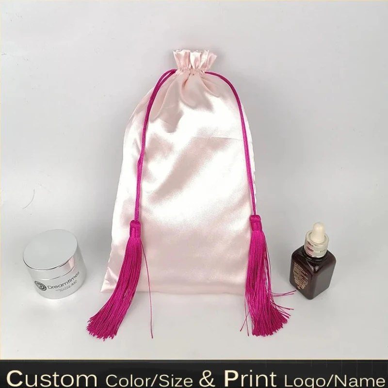 Silk Satin Drawstring Pouch with Tassel Jewelry Hair Wedding Gift Packaging Dust-proof Bag Print Logo Custom Storage Sachet