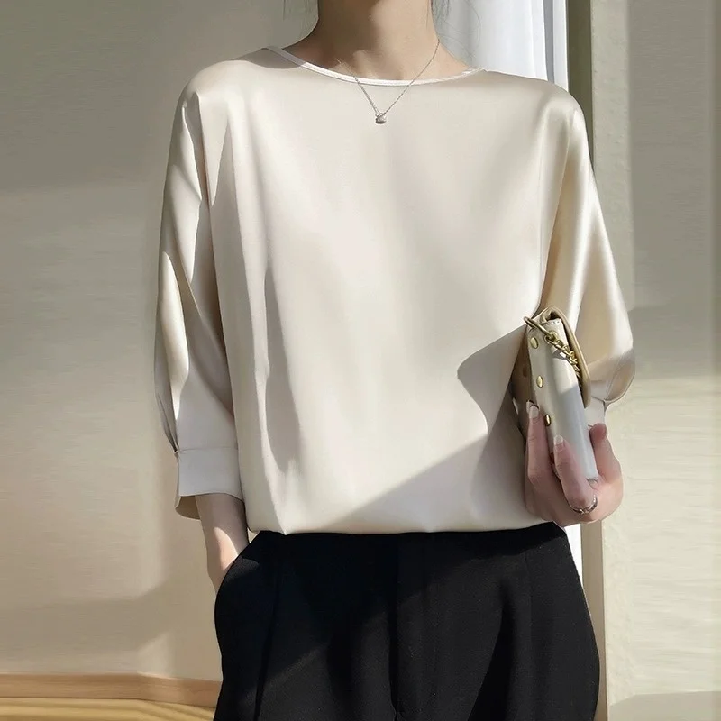 เสื้อไหมซาตินผสมอะซิเตท ทรงกลม แขนทรงปีกค้างคาว สีพื้น สำหรับผู้หญิง สไตล์ลำลอง เหมาะสำหรับใส่ไปทำงาน