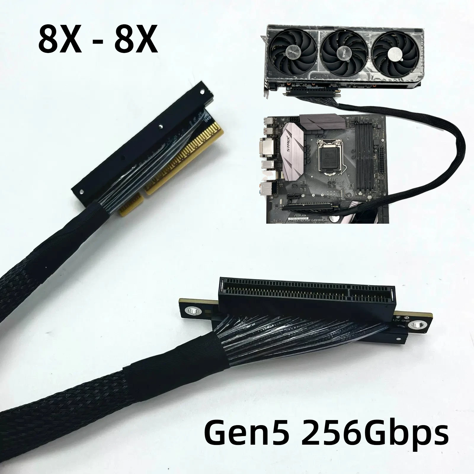 270/180 Degree PCIE 5.0 X8 Graphics Card Extension Cable Silver Plated Adapter Cable GEN5 8x Lossless GPU Extension Cable 256Gbs
