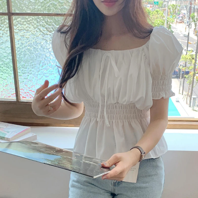 

Sweet Cute Women's irt Summer Thin Korean Sle Bubble Sve Design Кукла с застежкой на талии irt ort Sve Regular Length