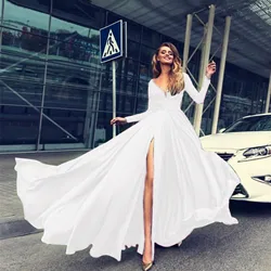 Fashion Women's Elegant Solid Color Banquet Evening Dress Spring And Autumn Sexy Deep V-Neck Stitching Slit Irregular Long Dress