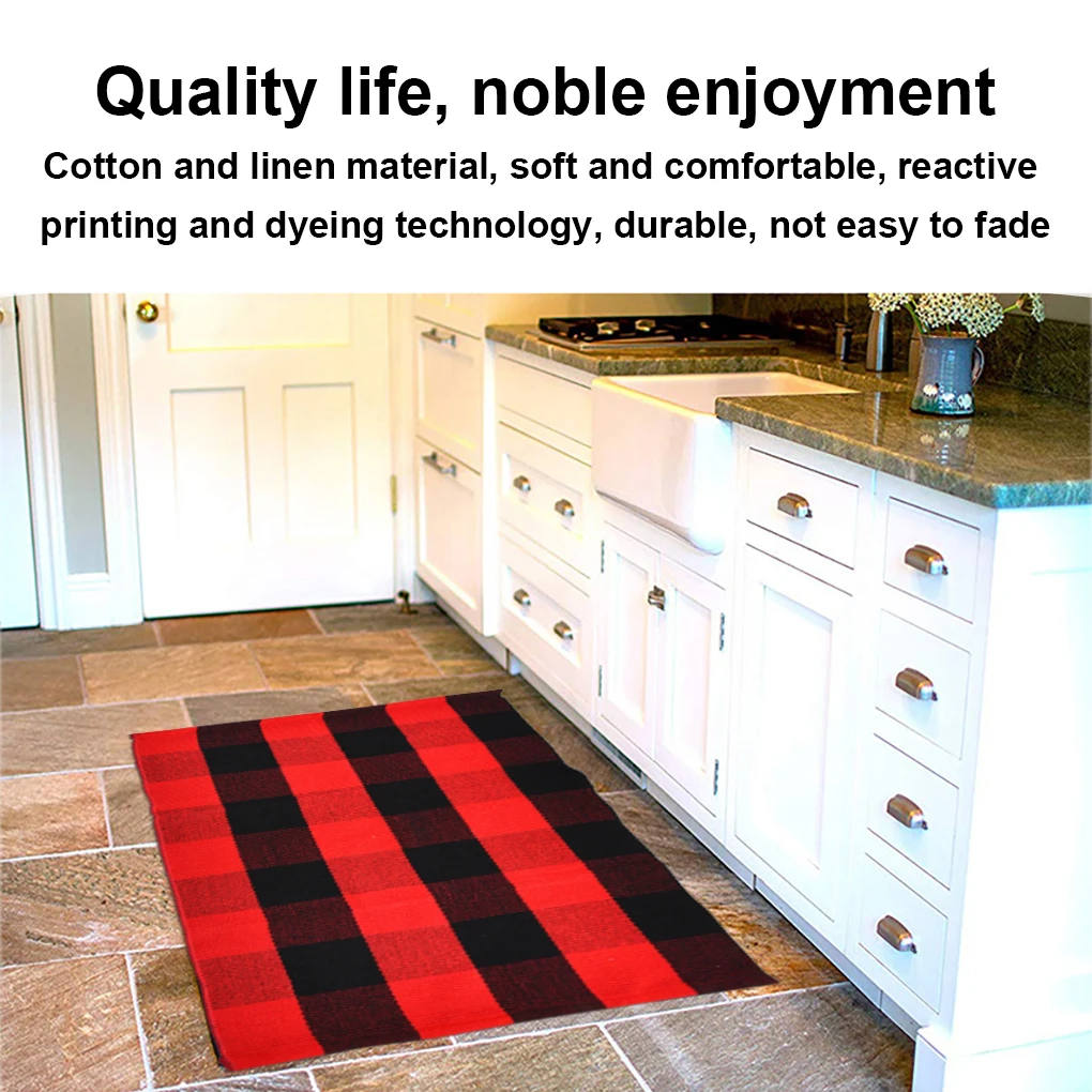Hand-Woven Cotton Plaid Area Rug Anti Slip Doormat Floor Mat Layered Carpet for Laundry Kitchen, Red Black, 90x60cm
