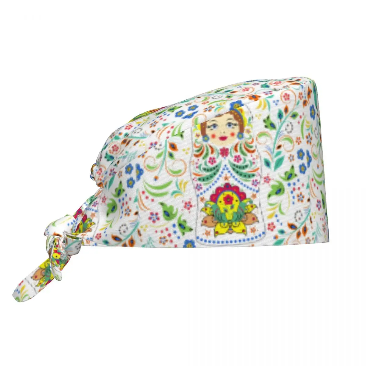 Russia Doll With Flowers Pattern Scrub Hat Surgical Scrub Caps Hair Hats Russian Folk Art Work Scrubs Hat for Medical Surgical