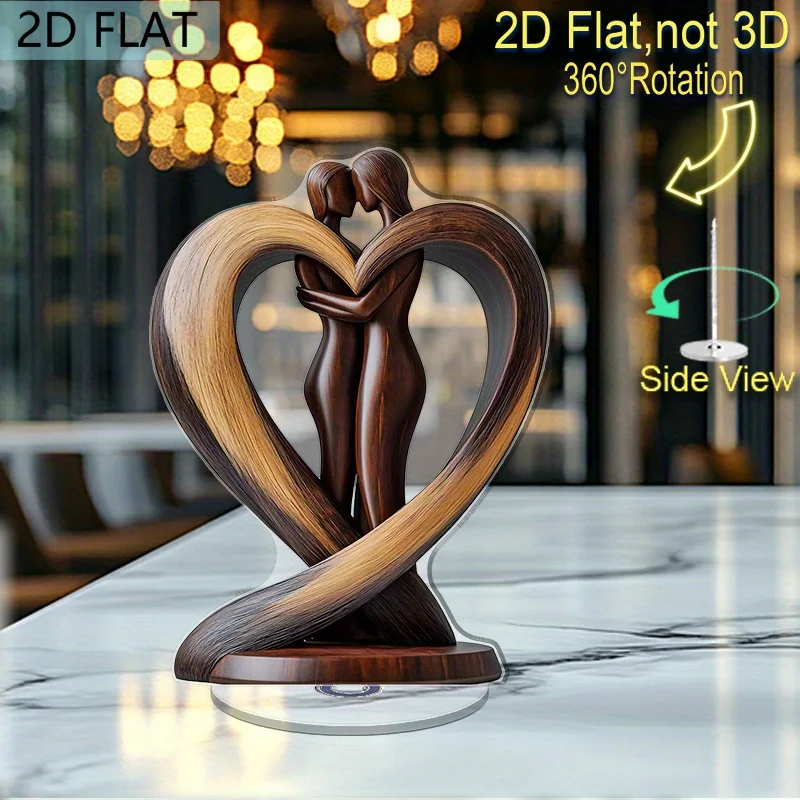 2D Flat, Rotating Couple Heart Ornament - Spinning Acrylic Love with Embracing Couple Figure, / Romantic Gift Suitable for Anniv