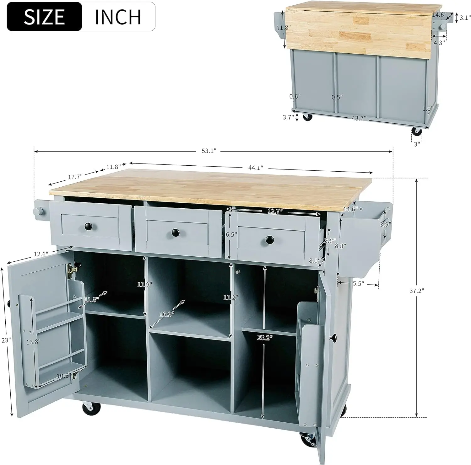 Kitchen Cart with Rubber Wood Drop-Leaf ,Kitchen Island on 5 Wheels with Storage Cabinet and 6 Drawers for Dinning