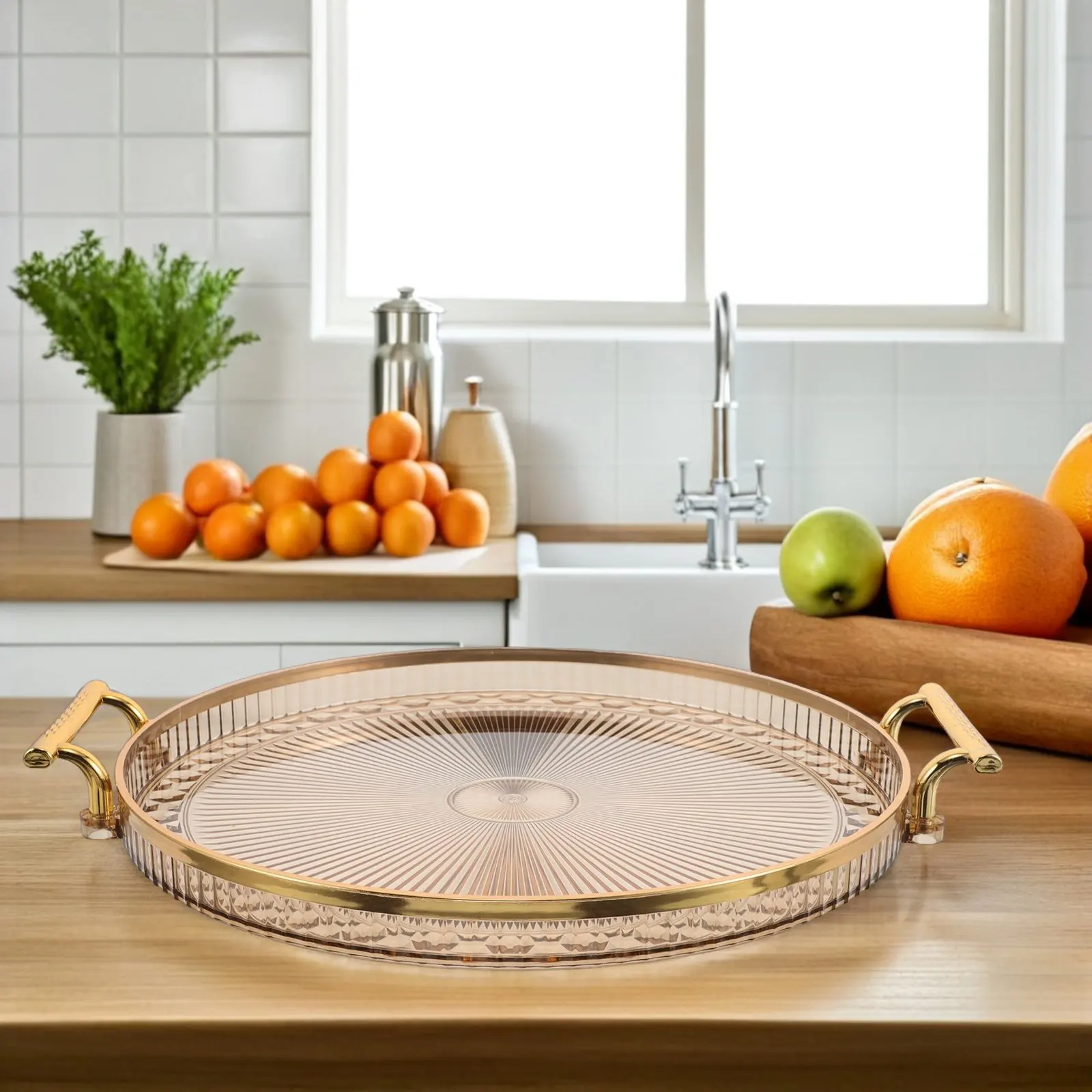 Sleek Minimalist Round Serving Tray Clear Plastic Decorative Tray for Tea Coffee Desserts Trinkets Candles Jewelry Home Decor
