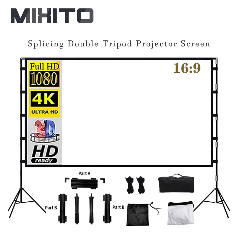 MIXITO-Empalme de doble trípode, pantalla de proyector para exteriores, plegable, blanca, sin pliegues, con bolsa de transporte, proyección frontal