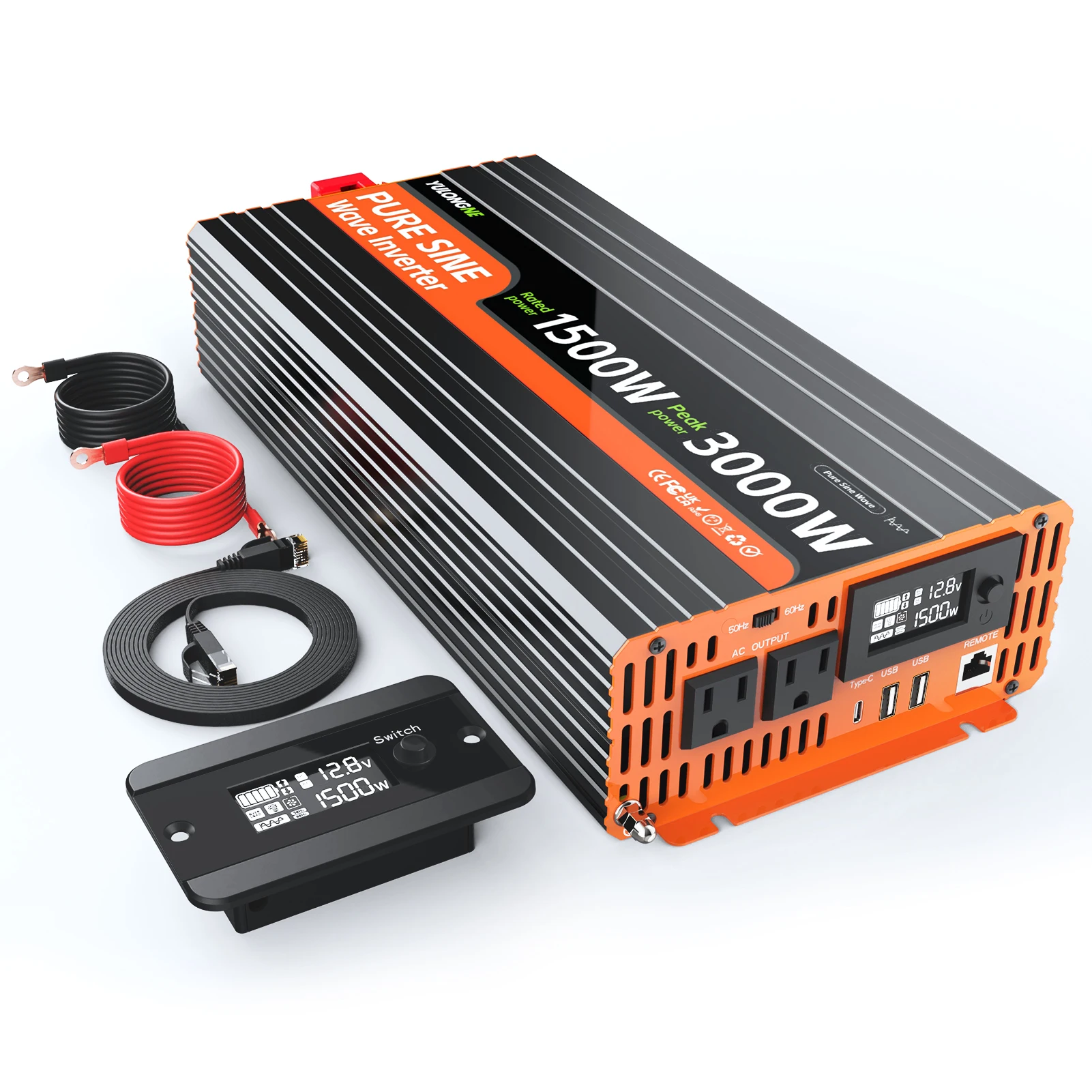 YULONGNE Pure Sine Wave Inverter 1500W Rated 3000W Peak DC12V to AC120V 60Hz US Power Converter with Remote Control LCD Display for RV Solar Off-Grid Emergency Power Supply