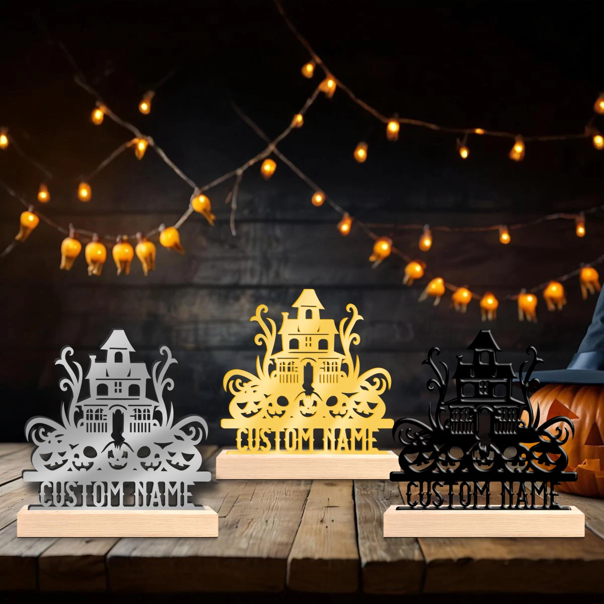 1pc Interesting Metal Desktop Decoration Custom Content Equipped with Wooden Base Festival Ornaments and Decorations