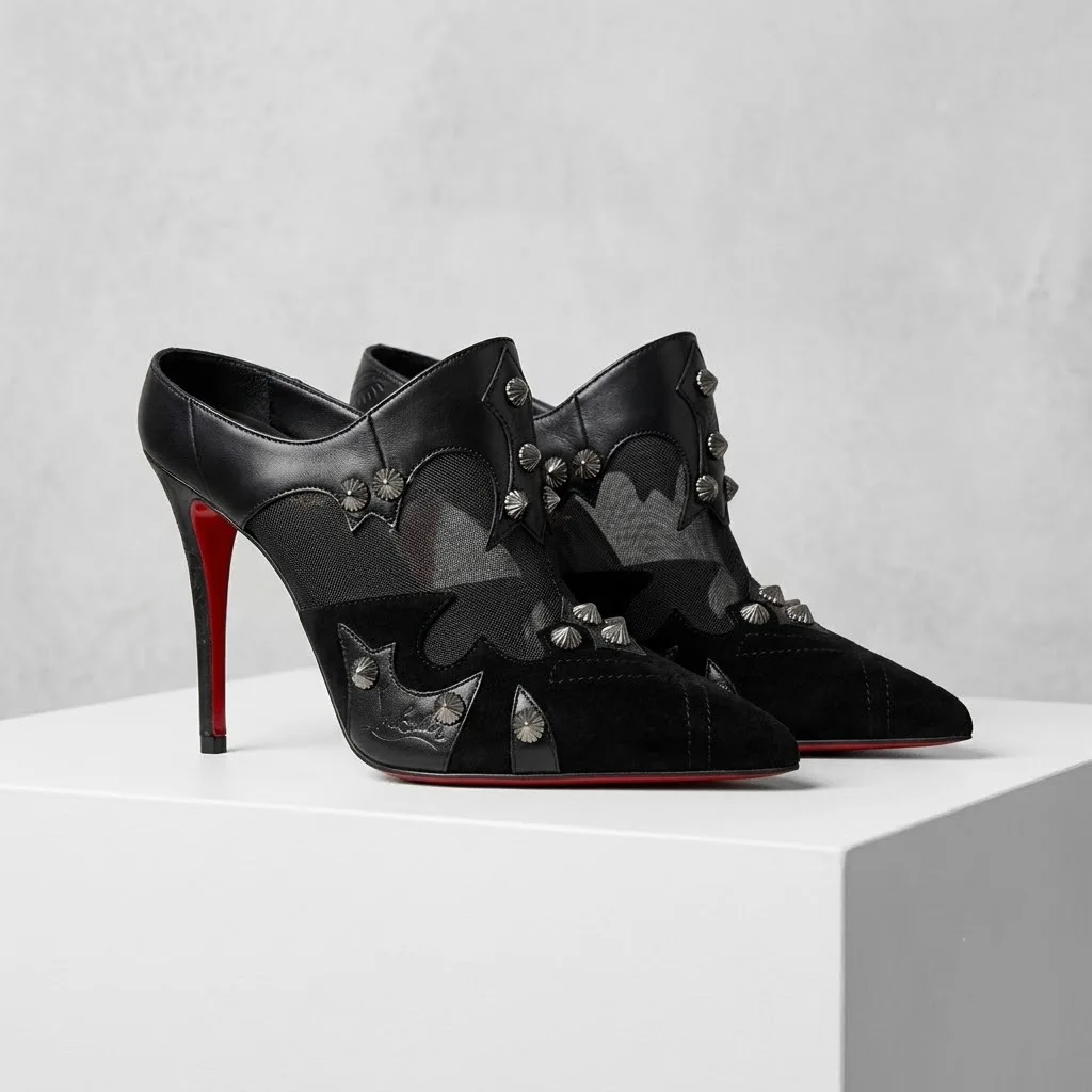 Women Black Mesh Patchwork Mule Heels Metal Spiked Rivets Pointed Toe Slingback Stiletto Sandals Classic Red Sole Punk Club Shoe view 2