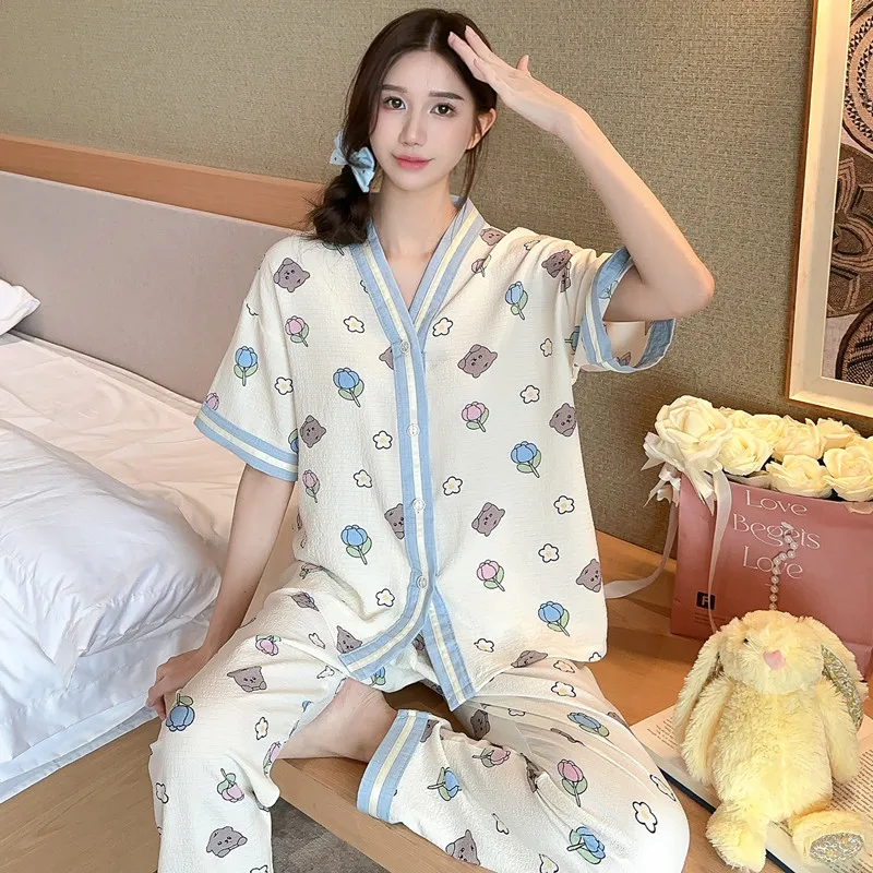 2PCS/Set Large Size Korean Version of the Casual Classic Sweet Purple Floral Pajamas Short-Sleeved Long Trousers Casual Homewear