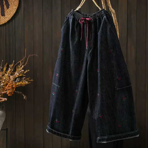 Women Autumn New Vintage Japan Style Embroidery Denim Wide Leg Pants Chic Lace Up Waist Casual Loose Straight Jeans Trousers