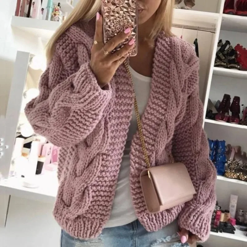 

Women Solid Colors Sweater New Twist Hat Cardigan Casual Solid Color Thick Thread Knit Sweater Women Autumn and Winter