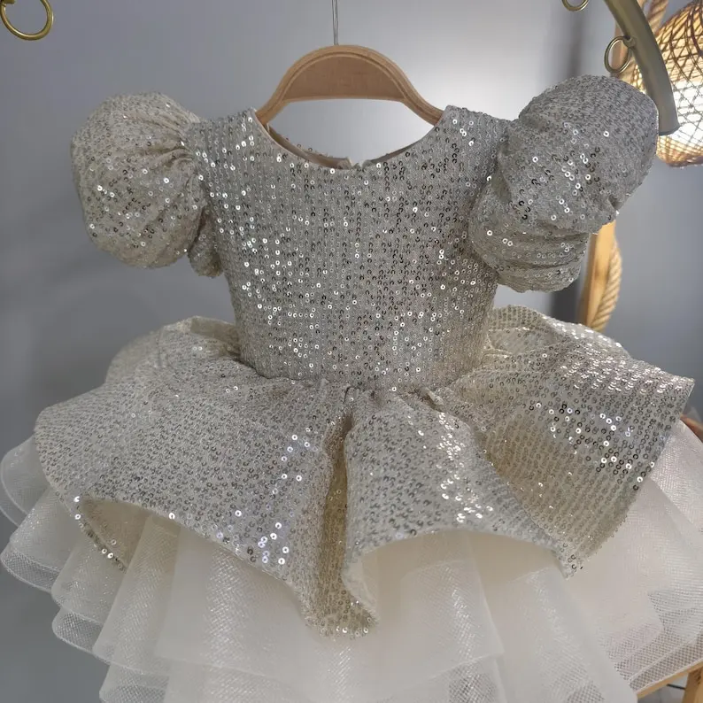 Handmade Ivory Sequin Puff Sleeve Girl Dress – Sparkly Layered Tulle Dress for Wedding, Birthday Gift for Doughter Toddler Girl
