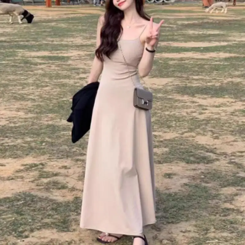 

Ins сексуальное французское платье на подтяжках в стиле чистого желания для летних каникул, пляжное длинное платье на подтяжках для женщин, новый стиль