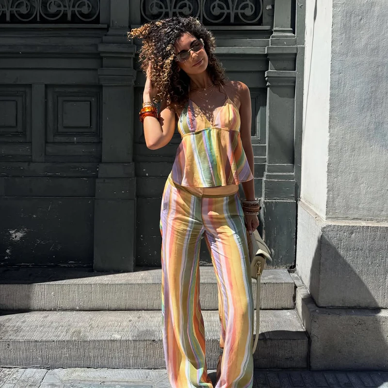 Gestreifte V-Ausschnitt Rückenfreie Crop-Tops und Hosen-Sets für Damen, Sexy Ärmelloses Schnür-Top, Midi-Taille, Weite Hosen, Schicke Damen-Outfits – Detail 13