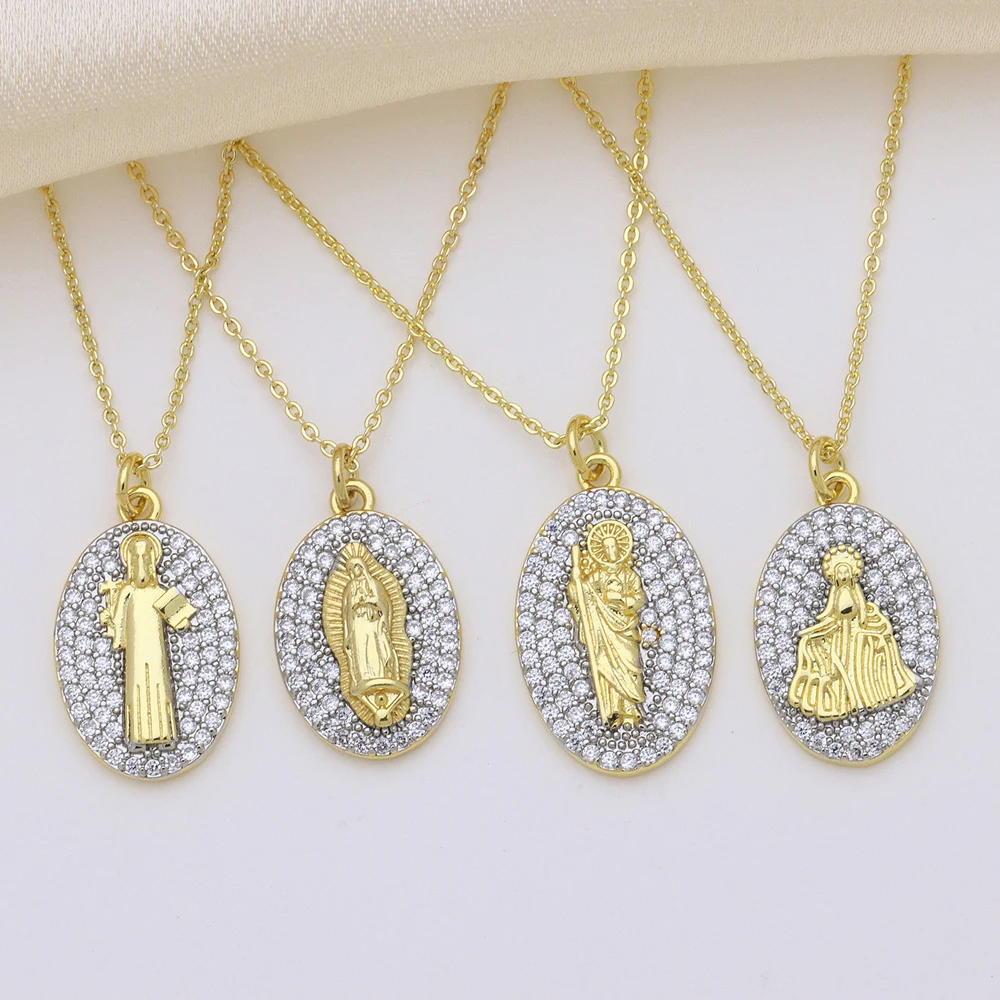 5個入り-セット、卸売、人気商品、金メッキ仕上げの真鍮製、cz（キュービックジルコニア）をあしらった楕円形の聖人メダルペンダントネックレス、女性用、祈りのためのジュエリー。