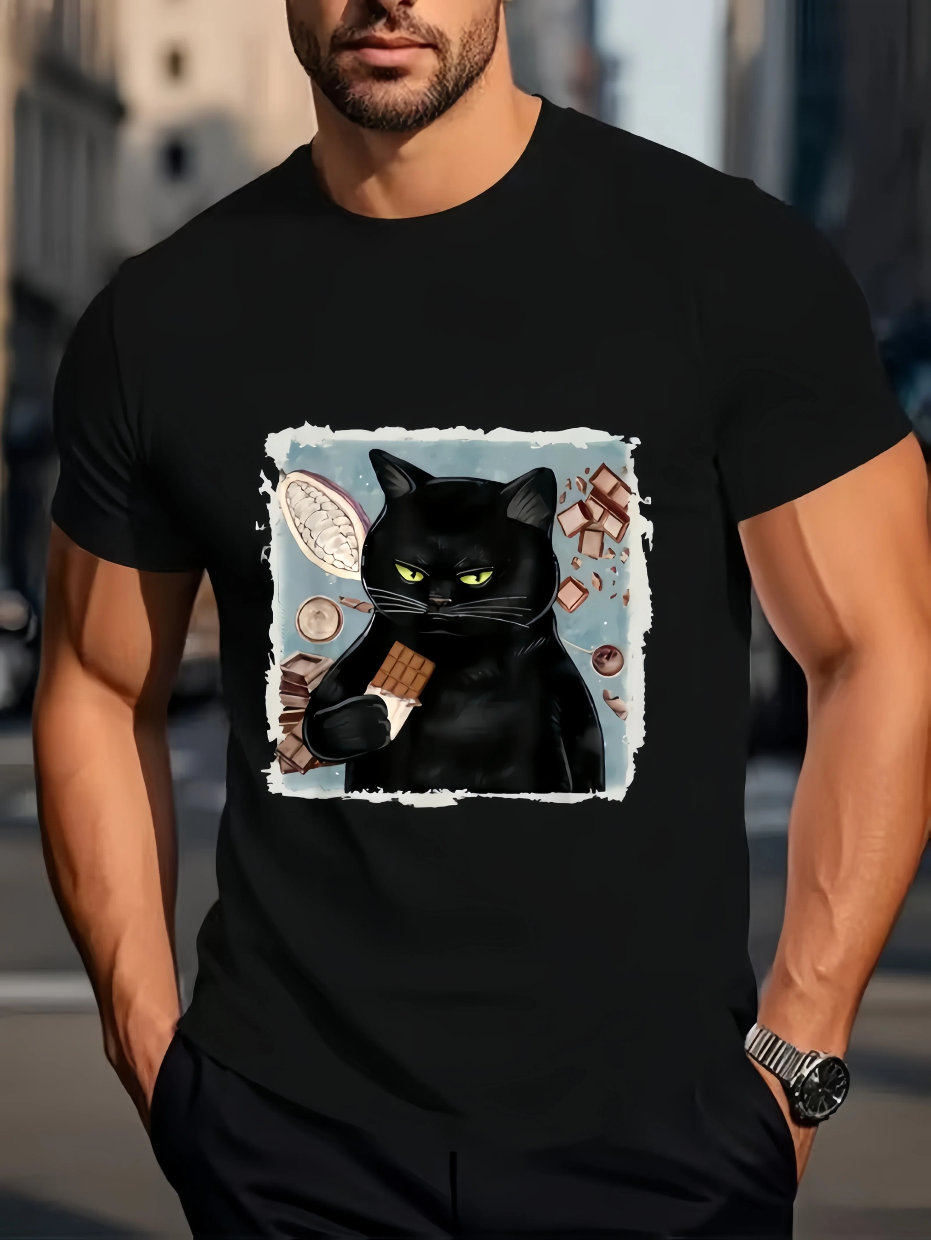 Mens Cute Black Cat Eating Chocolate T Shirt Pet Animal Graphic Print Short Sleeve Crew Neck Casual Cotton Male Fashion Tee