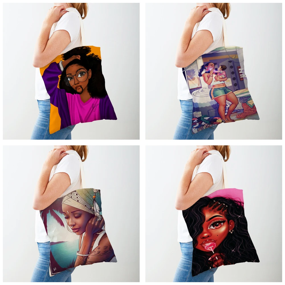 Casual Black Lady Canvas Shopper Bag Tote Handbag Reusable Fashion Cartoon Beautiful African Girl Shopping Bag for Women